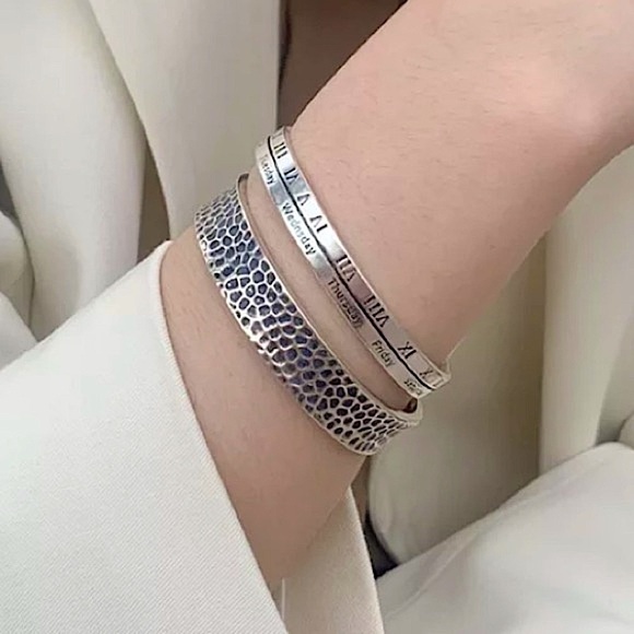 Sterling Silver Roman Numeral Bangle Cuff Bracelet - Picture 7 of 9